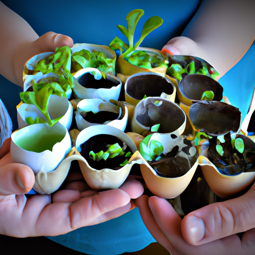 An image showcasing a pair of hands holding various repurposed containers like plastic bottles, tin cans, and egg cartons filled with soil, each sprouting vibrant green seedlings, symbolizing the possibilities of starting a garden inexpensively