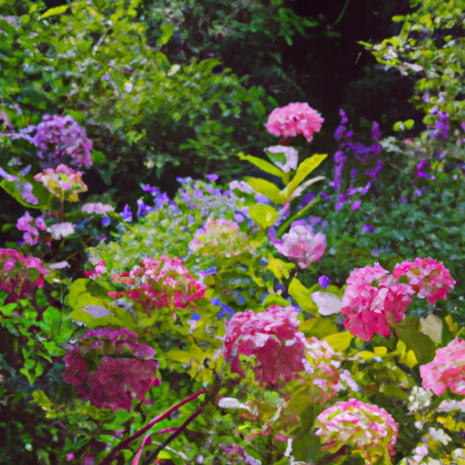 An image showcasing a lush shade garden filled with vibrant hydrangeas in various hues: delicate pastel pinks, rich purples, and creamy whites