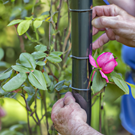 An image capturing the intricate process of stenting rose bushes: a skilled gardener delicately bending and securing metal rods around the delicate stems, supporting and guiding them towards blooming glory