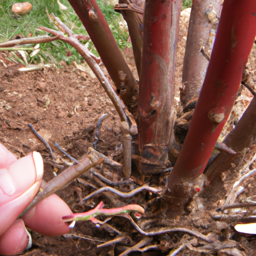 An image capturing the precise moment of stenting a rose bush: a hand delicately dipping the end of the rootstock into rooting hormone, showcasing the meticulous process of promoting successful growth