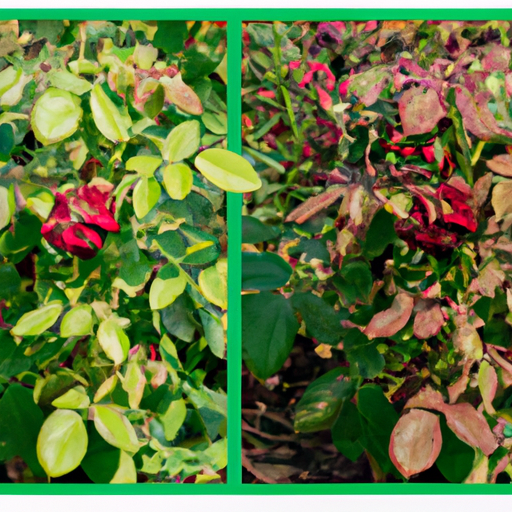 An image showcasing a healthy rose bush with vibrant, lush foliage alongside a diseased rose bush infected with the Rose Rosette Virus