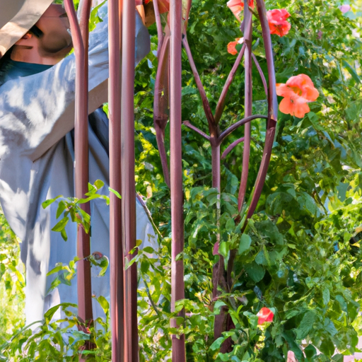 An image of a skilled gardener delicately placing a metal support structure around a vibrant rose bush, its branches gently bending and intertwining with the stent, showcasing the art of stenting rose bushes